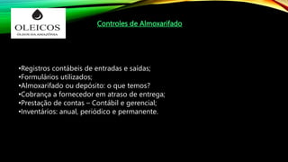 Controles de Almoxarifado
•Registros contábeis de entradas e saídas;
•Formulários utilizados;
•Almoxarifado ou depósito: o que temos?
•Cobrança a fornecedor em atraso de entrega;
•Prestação de contas – Contábil e gerencial;
•Inventários: anual, periódico e permanente.
 