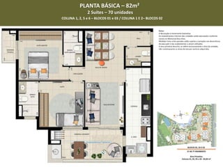 PLANTA BÁSICA – 82m²
2 Suítes – 70 unidades
COLUNA 1, 2, 5 e 6 – BLOCOS 01 e 03 / COLUNA 1 E 2– BLOCOS 02
 