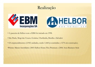 Realização




• A parceria da Helbor com a EBM foi iniciada em 1998.

• São Paulo, Mogi das Cruzes, Goiânia, Uberlândia, Brasília e Salvador

• 24 empreendimentos (2.942 unidades, sendo 1.668 já concluídas e 1274 em construção).

•Prêmio Máster Imobiliário: 2005 Helbor Home Flex Premium e 2006 Aton Business Style
 