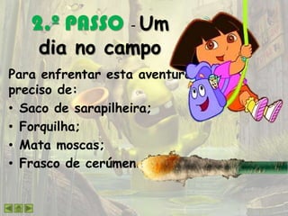 2.º PASSO - Um
dia no campo
Para enfrentar esta aventura,
preciso de:
• Saco de sarapilheira;
• Forquilha;
• Mata moscas;
• Frasco de cerúmen.
 