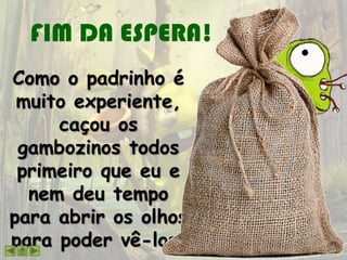 FIM DA ESPERA!
Como o padrinho é
muito experiente,
caçou os
gambozinos todos
primeiro que eu e
nem deu tempo
para abrir os olhos
para poder vê-los.
 