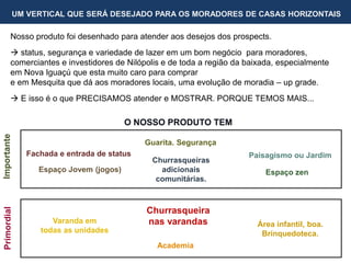 Churrasqueiras
adicionais
comunitárias.
Fachada e entrada de status
Varanda em
todas as unidades
Academia
UM VERTICAL QUE SERÁ DESEJADO PARA OS MORADORES DE CASAS HORIZONTAIS
O NOSSO PRODUTO TEM
Guarita. Segurança
Paisagismo ou Jardim
Churrasqueira
nas varandas Área infantil, boa.
Brinquedoteca.
Espaço zenEspaço Jovem (jogos)
ImportantePrimordial
Nosso produto foi desenhado para atender aos desejos dos prospects.
 status, segurança e variedade de lazer em um bom negócio para moradores,
comerciantes e investidores de Nilópolis e de toda a região da baixada, especialmente
em Nova Iguaçú que esta muito caro para comprar
e em Mesquita que dá aos moradores locais, uma evolução de moradia – up grade.
 E isso é o que PRECISAMOS atender e MOSTRAR. PORQUE TEMOS MAIS...
 