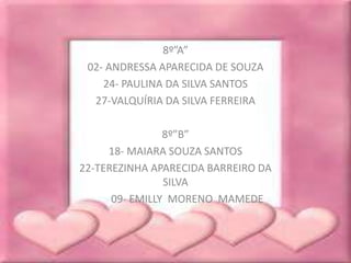 8º”A”
 02- ANDRESSA APARECIDA DE SOUZA
    24- PAULINA DA SILVA SANTOS
  27-VALQUÍRIA DA SILVA FERREIRA

                8º”B”
     18- MAIARA SOUZA SANTOS
22-TEREZINHA APARECIDA BARREIRO DA
                SILVA
      09- EMILLY MORENO MAMEDE
 