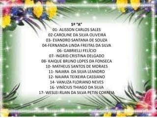 5º “A”
        01- ALISSON CARLOS SALES
     02-CAROLINE DA SILVA OLIVEIRA
    03- EVANDRO SANTANA DE SOUZA
  04-FERNANDA LINDA FREITAS DA SILVA
           06- GABRIELLI FELÍCIO
      07- INGRID CRISTINA DELGADO
 08- KAIQUE BRUNO LOPES DA FONSECA
    10- MATHEUS SANTOS DE MORAES
     11- NAIARA DA SILVA LEANDRO
     12- NAIARA TEIXEIRA CASSIANO
      14- VANUZA FLORIANO NEVES
      16- VINÍCIUS THIAGO DA SILVA
17- WESLEI RUAN DA SILVA PETIN CORREIA
 