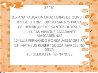 5º “B”

01- ANA PAULA DA CRUZ FARIAS DE OLIVEIRA
   07- GUILHERME DIOGO SANTOS PAULA
    08- HENRIQUE DOS SANTOS DE JESUS
       11- LUCAS VINÍCIUS AMARANTE
               MASCARENHAS
 12- LUÍS FERNANDO GONÇALVES MOREIRA
 13- MATHEUS ROBERT SOUZA MARCELINO
                    SILVA
         15- GLEICIELEN FERNANDES
 