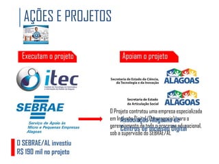 AÇÕES E PROJETOS
Executam o projeto

Apoiam o projeto

Secretaria de Estado
da Articulação Social

O Projeto contratou uma empresa especializada
em Inclusão Digital (Geranegocio), para o
Associação Alagoana de
gerenciamento de todo o processo educacional,
Centros de Inclusão Digital
sob a supervisão do SEBRAE/AL

O SEBRAE/AL investiu
R$ 190 mil no projeto

 
