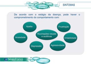 De acordo com o estágio da doença, pode haver o
comprometimento do comportamento com:
SINTOMAS
Frustração
Irritabilidade
Alucinações visuais
e auditivas
Depressão
Ansiedade
Apatia
Agressividade
 