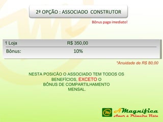 Bônus pago imediato! NESTA POSICÃO O ASSOCIADO TEM TODOS OS  BENEFÍCIOS,   EXCETO  O  BÔNUS DE COMPARTILHAMENTO  MENSAL. *Anuidade de R$ 80,00 Bônus:  10% 1 Loja  R$ 350,00 2ª OPÇÃO : ASSOCIADO  CONSTRUTOR 