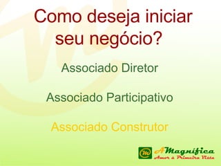 Como deseja iniciar seu negócio?   Associado Diretor Associado Participativo Associado Construtor 