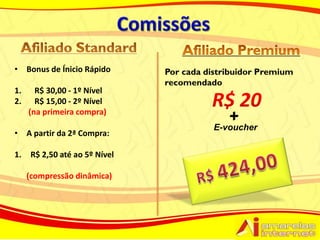 • Bonus de Ínicio Rápido       Por cada distribuidor Premium
                               recomendado
1.     R$ 30,00 - 1º Nível
2.     R$ 15,00 - 2º Nível
     (na primeira compra)
                                             +
                                          E-voucher
• A partir da 2ª Compra:

1.   R$ 2,50 até ao 5º Nível

     (compressão dinâmica)
 