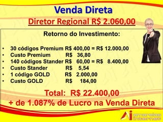 Diretor Regional R$ 2.060,00
               Retorno do Investimento:

•   30 códigos Premium R$ 400,00 = R$ 12.000,00
•   Custo Premium       R$ 36,80
•   140 códigos Stander R$ 60,00 = R$ 8.400,00
•   Custo Stander       R$ 5,54
•   1 código GOLD       R$ 2.000,00
•   Custo GOLD          R$ 184,00

             Total: R$ 22.400,00
    + de 1.087% de Lucro na Venda Direta
 