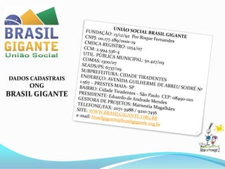 DADOS CADASTRAIS
     ONG
BRASIL GIGANTE
 