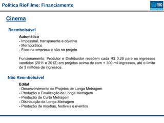 Política RioFilme: Financiamento
Cinema
Reembolsável
Automático
- Impessoal, transparente e objetivo
- Meritocrático
- Foco na empresa e não no projeto
Funcionamento: Produtor e Distribuidor recebem cada R$ 0,26 para os ingressos
vendidos (2011 e 2012) em projetos acima de com + 300 mil ingressos, até o limite
de 3 milhões de ingressos.
Não Reembolsável
Edital
- Desenvolvimento de Projetos de Longa Metragem
- Produção e Finalização de Longa Metragem
- Produção de Curta Metragem
- Distribuição de Longa Metragem
- Produção de mostras, festivais e eventos
 