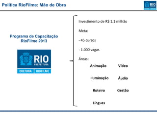 Programa de Capacitação
RioFilme 2013
Investimento de R$ 1.1 milhão
Meta:
- 45 cursos
- 1.000 vagas
Áreas:
Animação Vídeo
Iluminação Áudio
Roteiro Gestão
Línguas
Política RioFilme: Mão de Obra
 