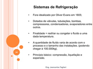 Eng. Jeancarlos Tagliari
Sistemas de Refrigeração
• Fora idealizado por Oliver Evans em 1805;
• Dotados de válvulas, tubulações, bombas,
compressores, condensadores, evaporadores entre
outros.
• Finalidade = resfriar ou congelar o fluído a uma
dada temperatura.
• A quantidade de fluído varia de acordo com o
processo e o tamanho das instalações. (podendo
chegar à 100.000kg).
• Princípio básico: compressão, liquefação e
expansão.
24
 