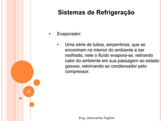 Eng. Jeancarlos Tagliari
Sistemas de Refrigeração
• Evaporador:
• Uma série de tubos, serpentinas, que se
encontram no interior do ambiente a ser
resfriado, nele o fluído evapora-se, retirando
calor do ambiente em sua passagem ao estado
gasoso, retornando ao condensador pelo
compressor.
26
 