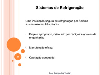 Eng. Jeancarlos Tagliari
Sistemas de Refrigeração
Uma instalação segura de refrigeração por Amônia
sustenta-se em três pilares:
• Projeto apropriado, orientado por códigos e normas de
engenharia;
• Manutenção eficaz;
• Operação adequada:
31
 