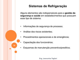 Eng. Jeancarlos Tagliari
Sistemas de Refrigeração
Alguns elementos são indispensáveis para a gestão da
segurança e saúde em estabelecimentos que possuam
esse tipo de sistema:
• Informações de segurança de processo;
• Análise dos riscos existentes;
• Procedimentos operacionais e de emergência;
• Capacitação dos funcionários;
• Esquemas de manutenção preventiva/preditiva;
32
 