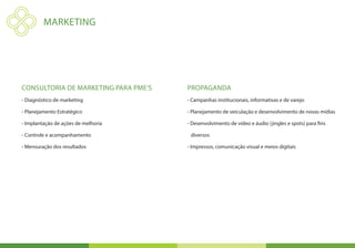 MARKETING




Consultoria de marketing para PME’s   Propaganda
- Diagnóstico de marketing            - Campanhas institucionais, informativas e de varejo

- Planejamento Estratégico            - Planejamento de veiculação e desenvolvimento de novas mídias

- Implantação de ações de melhoria    - Desenvolvimento de vídeo e áudio (jingles e spots) para fins

- Controle e acompanhamento            diversos

- Mensuração dos resultados           - Impressos, comunicação visual e meios digitais
 