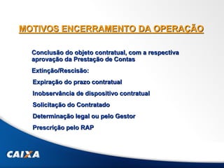 MOTIVOS ENCERRAMENTO DA OPERAÇÃO
Conclusão do objeto contratual, com a respectiva
aprovação da Prestação de Contas
Extinção/Rescisão:
Expiração do prazo contratual
Inobservância de dispositivo contratual
Solicitação do Contratado
Determinação legal ou pelo Gestor
Prescrição pelo RAP
 