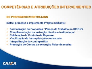 DO PROPONENTE/CONTRATADO
Instrui processo e implementa Projeto mediante:
 Formalização de Propostas / Planos de Trabalho no SICONV
 Complementação da instrução técnica e institucional
 Celebração de Contrato de Repasse
 Viabilização de instruções pós-contratuais
 Integralização da contrapartida
 Prestação de Contas da execução físico-financeira
COMPETÊNCIAS E ATRIBUIÇÕES INTERVENIENTES
 
