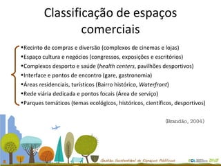 Classificação de espaços comerciais Recinto de compras e diversão (complexos de cinemas e lojas) Espaço cultura e negócios (congressos, exposições e escritórios) Complexos desporto e saúde ( health centers , pavilhões desportivos)  Interface e pontos de encontro (gare, gastronomia)  Áreas residenciais, turísticos (Bairro histórico,  Waterfront ) Rede viária dedicada e pontos focais (Área de serviço)  Parques temáticos (temas ecológicos, históricos, científicos, desportivos) (Brandão, 2004)  