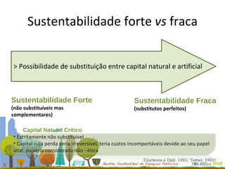 Sustentabilidade forte  vs  fraca Sustentabilidade Fraca   (substitutos perfeitos) Sustentabilidade Forte   (não substituíveis mas complementares) > Possibilidade de substituição entre capital natural e artificial Capital Natural Crítico   Estritamente não substituível Capital cuja perda seria irreversível, teria custos incomportáveis devido ao seu papel vital, ou seria considerada não - ética (Costanza e Daly, 1992; Turner, 1993) 