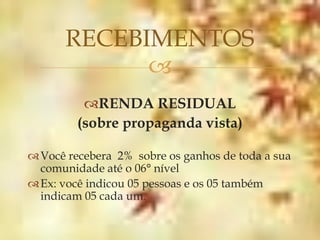 RECEBIMENTOS
            
          RENDA RESIDUAL
         (sobre propaganda vista)

 Você recebera 2% sobre os ganhos de toda a sua
  comunidade até o 06° nível
 Ex: você indicou 05 pessoas e os 05 também
  indicam 05 cada um.
 