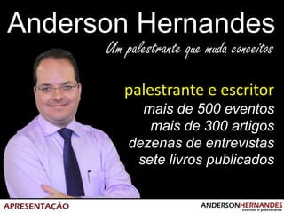 Anderson Hernandes

       palestrante e escritor
          mais de 500 eventos
           mais de 300 artigos
        dezenas de entrevistas
         sete livros publicados
 