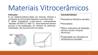 31
Materiais Vitrocerâmicos
Fabicação:
É um material cerâmico obtido por técnicas vidreiras e
constituído de microcristais dispersos numa fase vítrea.
É obtido submetendo o vidro comum a temperaturas
elevadas (de 500°C a 1000 °C ). Este tratamento térmico
provoca a sua cristalização. Ao contrário de cerâmicas
sinterizadas, não há poros entre os cristais.
Características:
Resistência Mecânica elevada;
Tenacidade;
Baixo coeficiente de dilatação
térmica (evitar choques
térmicos);
Capacidade de utilização em
temperaturas elevadas
 