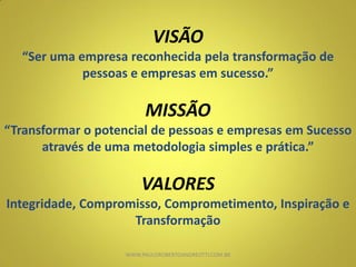 VISÃO
“Ser uma empresa reconhecida pela transformação de
pessoas e empresas em sucesso.”
MISSÃO
“Transformar o potencial de pessoas e empresas em Sucesso
através de uma metodologia simples e prática.”
VALORES
Integridade, Compromisso, Comprometimento, Inspiração e
Transformação
WWW.PAULOROBERTOANDREOTTI.COM.BR
 