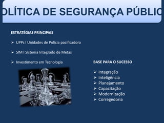 OLÍTICA DE SEGURANÇA PÚBLICA
ESTRATÉGIAS PRINCIPAIS
 UPPs l Unidades de Polícia pacificadora
 SIM l Sistema Integrado de Metas
 Investimento em Tecnologia BASE PARA O SUCESSO
 Integração
 Inteligência
 Planejamento
 Capacitação
 Modernização
 Corregedoria
 