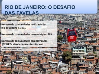 Número de comunidades no Estado do
Rio de Janeiro : 1.071
Número de comunidades no município : 763
Número de comunidades com UPPs: 221
(32 UPPs atendem esses territórios)
Fonte :IBGE (Censo 2010)
RIO DE JANEIRO: O DESAFIO
DAS FAVELAS
 