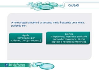 SINTOMASOs sintomas dependem da gravidade do quadro, da velocidade da instalação da anemia e dos níveis de hemoglobina circulantes.