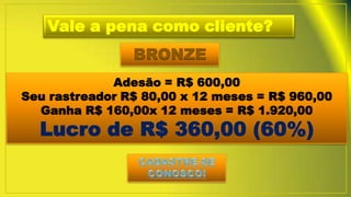 Vale a pena como cliente?
BRONZE
Adesão = R$ 600,00
Seu rastreador R$ 80,00 x 12 meses = R$ 960,00
Ganha R$ 160,00x 12 meses = R$ 1.920,00
Lucro de R$ 360,00 (60%)
 
