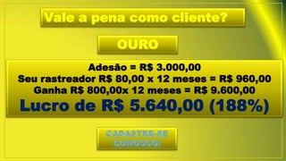 Vale a pena como cliente?
OURO
Adesão = R$ 3.000,00
Seu rastreador R$ 80,00 x 12 meses = R$ 960,00
Ganha R$ 800,00x 12 meses = R$ 9.600,00
Lucro de R$ 5.640,00 (188%)
 