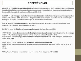 BARBOSA, M. F.. Música na Educação Infantil: Reflexões e Proposta Didática para Professores Não-Especializados.
Educação Infantil: Diferentes formas de linguagem expressivas e comunicativas. Caderno de formação: didática
dos conteúdos formação de professores, Editora UNESP, 2011.
BARBOSA, M. F. S. Percepção musical como compreensão da obra musical: contribuições a partir da perspectiva
histórico-cultural. Tese. 2009. (Doutorado – Programa de Pós-Graduação em Educação. Área de Concentração:
Psicologia e Educação) – Faculdade de Educação da Universidade de São Paulo.
DUARTE, Newton. A individualidade para si: contribuições de uma teoria histórico-cultural da formação do
indivíduo. 3 ed. Campinas, Autores Associados, 2013.
GAINZA, V. Hemsy de. Estudos de Psicopedagogia Musical. São Paul: Summus, 1988.
MARTINS, Lígia Marcia. O desenvolvimento do psiquismo e a educação escolar: contribuições à luz da psicologia
histórico-cultural e da pedagogia histórico-crítica. Campinas: Autores Associados, 2013.
OLIVEIRA, Vera Barros de (Org.). O brincar e a criança do nascimento aos seis anos. Petropolis, Rio de Janeiro,
Editora Vozes, 2000.
PENNA, Maura. (2008). Dó, ré, mi, fá e muito mais: discutindo o que é música.
Ensino de Arte - Revista da Associação dos Arte-Educadores do Estado de São Paulo, [S.l.], v. II, n. III, p. 14-17,
[1999].
, 29, 31.
PENNA, Maura. Música(s) e seu ensino. 2 ed. rev. e ampl. Porto Alegre: Ed. Sulina, 2012.
REFERÊNCIAS
 