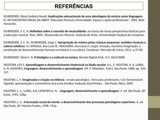 SCHROEDER, Silvia Cordeiro Nassif. Implicações educacionais de uma abordagem da música como linguagem.
In: XIV ENCONTRO ANUAL DA ABEM "Educação Musical e Diversidade: espaço e ações profissionais", 2005, Belo
Horizonte.
SCHROEDER, S. C. N. Reflexões sobre o conceito de musicalidade: em busca de novas perspectivas teóricas para
a educação musical. Tese. 2005. (Doutorado em Música). Instituto de Artes. Universidade Estadual de Campinas.
SCHROEDER, S. C. N.; SCHROEDER, Jorge L. Apropriação da música pelas crianças pequenas: sentidos musicais e
valores estéticos. In: SMOLKA, Ana Luiza B.; NOGUEIRA, Ana Lúcia H. (orgs). Emoção, memória imaginação: a
constiuição do desenvolvimento humano na história e na cultura. Campinas: Mercado de Letras, 2011, p.57-83.
SCHROEDER, Silvia C. N. O biológico e o cultural na música. Revista Digital Art&, N.9, Abril/2008.
VIGOTSKII, LEV S. Aprendizagem e desenvolvimento intelectual na idade escolar. In L. S. VIGOTSKI, A. R. LURIA,
A. N. LEONTIEV, Linguagem, desenvolvimento e aprendizagem. (M. P Villalobos, Trad.), São Paulo, 1988, pp. 103-
117.
VIGOTSKI, L. S. Imaginação e criação na infância : ensaio psicológico : livro para professores / Lev Semionovich
Vigotski; apresentação e comentários Ana Luiza Smolka; tradução Zoia Prestes. - São Paulo: Ática, 2009.
VIGOTSKY, L. S.; LURIA, A.R; LEONTIEV,A. N. . Linguagem, desenvolvimento e aprendizagem. 4. ed. São Paulo, SP:
Ícone, 1992. 228p.
VIGOTSKY, L. S.. A formação social da mente: o desenvolvimento dos processos psicologicos superiores. 6. ed.
São Paulo, SP: Martins Fontes, 1998. 191p.
REFERÊNCIAS
 