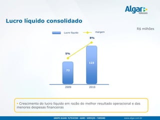 Lucro líquido consolidado
                                                                             R$ milhões
                                Lucro líquido         margem

                                                8%




                                 5%


    59             68                           123


                                  72




                                 2009           2010




    Crescimento do lucro líquido em razão do melhor resultado operacional e das
   menores despesas financeiras
 