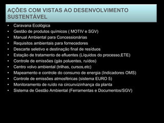 AÇÕES COM VISTAS AO DESENVOLVIMENTO
SUSTENTÁVEL
•   Caravana Ecológica
•   Gestão de produtos químicos ( MOTIV e SGV)
•   Manual Ambiental para Concessionárias
•   Requisitos ambientais para fornecedores
•   Descarte seletivo e destinação final de resíduos
•   Estação de tratamento de efluentes (Líquidos do processo,ETE)
•   Controle de emissões (gás poluentes, ruídos)
•   Centro volvo ambiental (trilhas, cursos,etc)
•   Mapeamento e controle do consumo de energia (Indicadores OMS)
•   Controle de emissões atmosféricas (sistema EURO 5)
•   Monitoramento de ruído na circunvizinhança da planta
•   Sistema de Gestão Ambiental (Ferramentas e Documentos/SGV)
 