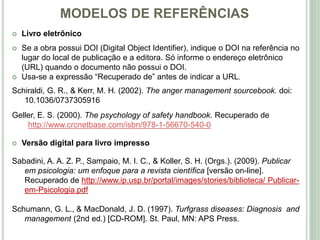 MODELOS DE REFERÊNCIAS
 Livro eletrônico
 Se a obra possui DOI (Digital Object Identifier), indique o DOI na referência no
lugar do local de publicação e a editora. Só informe o endereço eletrônico
(URL) quando o documento não possui o DOI.
 Usa-se a expressão “Recuperado de” antes de indicar a URL.
Schiraldi, G. R., & Kerr, M. H. (2002). The anger management sourcebook. doi:
10.1036/0737305916
Geller, E. S. (2000). The psychology of safety handbook. Recuperado de
http://www.crcnetbase.com/isbn/978-1-56670-540-0
 Versão digital para livro impresso
Sabadini, A. A. Z. P., Sampaio, M. I. C., & Koller, S. H. (Orgs.). (2009). Publicar
em psicologia: um enfoque para a revista científica [versão on-line].
Recuperado de http://www.ip.usp.br/portal/images/stories/biblioteca/ Publicar-
em-Psicologia.pdf
Schumann, G. L., & MacDonald, J. D. (1997). Turfgrass diseases: Diagnosis and
management (2nd ed.) [CD-ROM]. St. Paul, MN: APS Press.
 