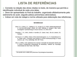 LISTA DE REFERÊNCIAS
 Consiste na relação das obras citadas no texto, de maneira que permita a
identificação individual de cada uma delas.
 Deve ser apresentada no final do trabalho, organizada alfabeticamente pelo
sobrenome do autor, seguido pelo(s) prenome(s) abreviado(s).
 Indicar em nota de rodapé a norma utilizada para elaboração das referências.
 