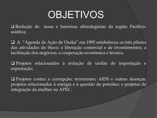 PAÍSES PARTICIPANTESA  APEC tem hoje 21 membros, que são: Austrália; Brunei; Canadá; Chile; China; Hong Kong; Indonésia; Japão; Coréia do Sul; Malásia; México; Nova Zelândia; Papua-Nova Guiné; Peru; Filipinas; Rússia; Singapura; Taiwan; Tailândia; Estados Unidos da América; Vietnã.