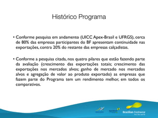 Histórico Programa


•	

Conforme pesquisa em andamento (UICC Apex-Brasil e UFRGS), cerca
    de 80% das empresas participantes do BF apresentam continuidade nas
    exportações, contra 20% do restante das empresas calçadistas.

•	

Conforme a pesquisa citada, nos quatro pilares que estão fazendo parte
    da avaliação (crescimento das exportações totais; crescimento das
    exportações nos mercados alvos; ganho de mercado nos mercados
    alvos e agregação de valor ao produto exportado) as empresas que
    fazem parte do Programa tem um rendimento melhor, em todos os
    comparativos.
 