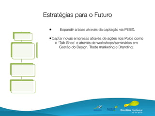 Estratégias para o Futuro

  •     Expandir a base através da captação via PEIEX.

  • Captar novas empresas através de ações nos Polos como
      o ‘Talk Shoe’ e através de workshops/seminários em
         Gestão do Design, Trade marketing e Branding.
 