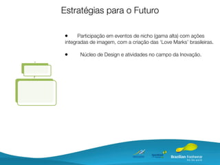 Estratégias para o Futuro

•      Participação em eventos de nicho (gama alta) com ações
 integradas de imagem, com a criação das ‘Love Marks’ brasileiras.

•      Núcleo de Design e atividades no campo da Inovação.
 