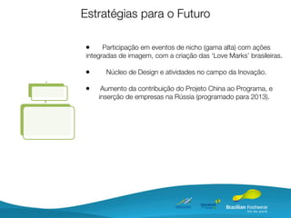 Estratégias para o Futuro

•      Participação em eventos de nicho (gama alta) com ações
 integradas de imagem, com a criação das ‘Love Marks’ brasileiras.

•      Núcleo de Design e atividades no campo da Inovação.

•     Aumento da contribuição do Projeto China ao Programa, e
     inserção de empresas na Rússia (programado para 2013).
 