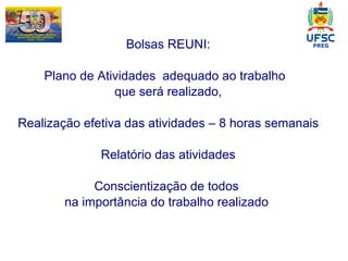 Bolsas REUNI: Plano de Atividades  adequado ao trabalho  que será realizado, Realização efetiva das atividades – 8 horas semanais Relatório das atividades Conscientização de todos  na importância do trabalho realizado  