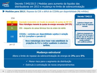 Decreto 7.945/2013 | Medidas para aumento da liquidez das
distribuidoras em 2013 e mudança no limite de sobrecontratação
1) Gastos com CCEARs disponibilidade não cobertos pela tarifa vigente no período; 2) A CPFL Paulista, que passou pela RTP em 08/04/2013 (antes da finalização da audiência pública),
recebeu R$ 374 milhões via aporte de CDE referentes à CVA de Energia e de ESS de 2012 e CCEARs disponibilidade em jan/13; 3) RTP da RGE: jun/13 e RTA da CPFL Piratininga: out/13
234
Mudança estrutural
Altera o limite de repasse da sobrecontratação de energia de 3% para 5%
Menor risco para o segmento de distribuição
Estímulo à contratação de novos empreendimentos
Medidas para 2013 | Repasse da CDE e déficit de CCEARs por disponibilidade (R$ milhões)
13
 