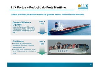LLX Portos – Redução do Frete Marítimo

Calado profundo permitindo acesso de grandes navios, reduzindo frete marítimo


                                           -40% a
 Graneis Sólidos e
                                            -75%
 Líquidos
 Usando Panamax (70 m dwt)
 e Capesize (120 a 180 m dwt)
 ao invés de Handymax (40 m
 dwt )




 Contêineres                               -20% a
 Indústrias de Transformação,               -40%
 Montadoras, Alimentos, Produtos
 Manufaturados, etc.
  Utilizando navios conteineiros de 8 a
 12 mil TEUs ao invés de 1,5 mil a 3 mil
 TEUs




                                                                                10
 